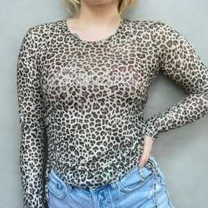 Guess Leopard Print Mesh Long Sleeve Top Rhinestone and Side Tie Bow